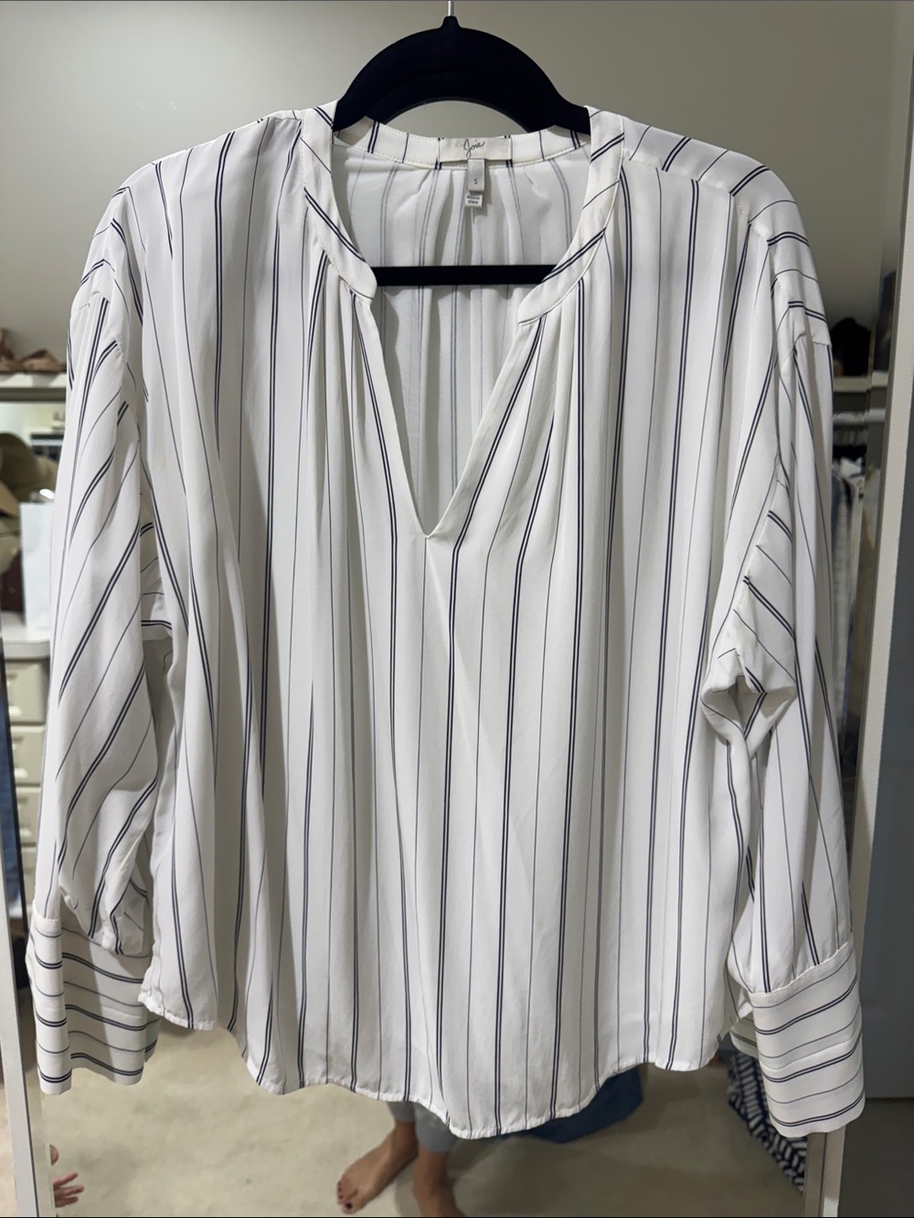Joie White Blouse with Navy Vertical Stripes